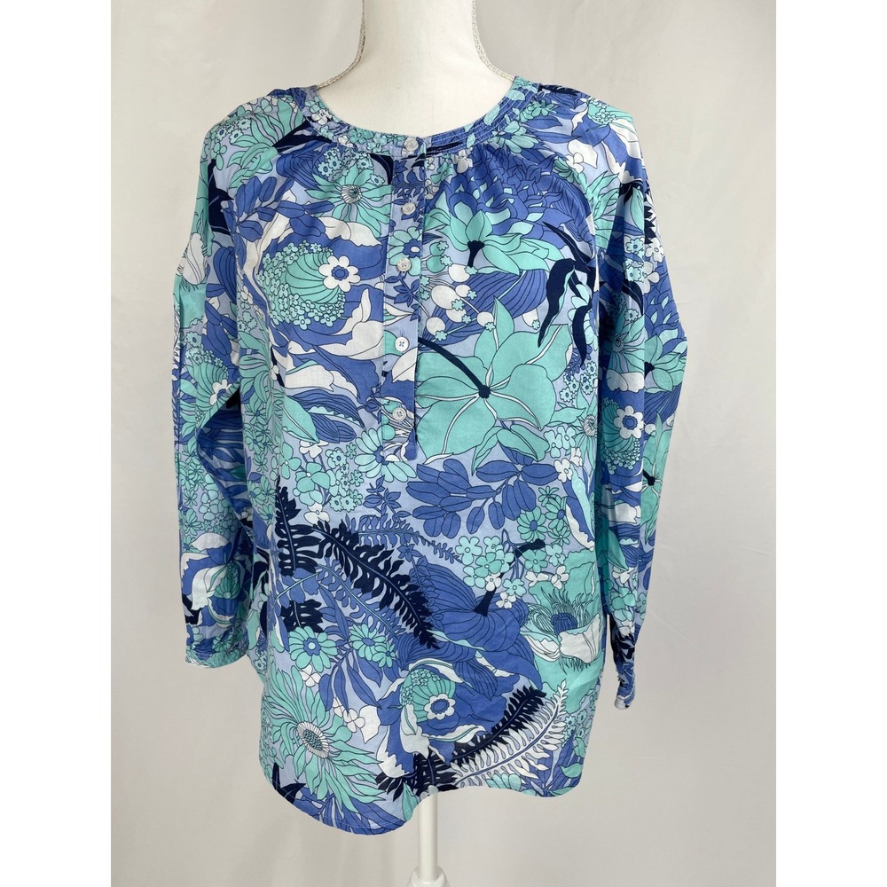 Talbots Women Medium‎ Blue Floral Popover Cotton Blouse Top Long Sleeves